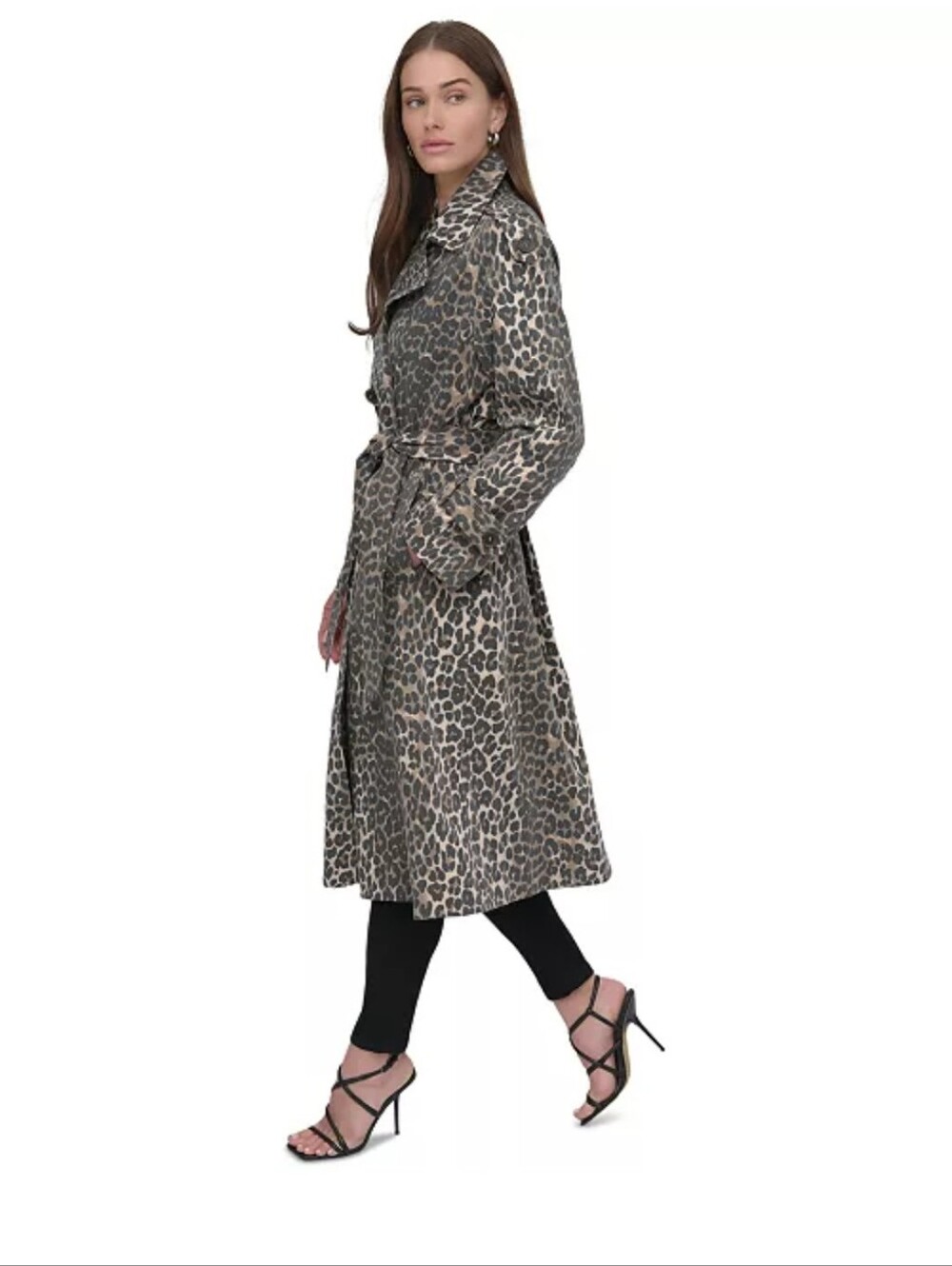 DKNY Women's Belted Double-Breasted Trench Coat In The Color Leopard